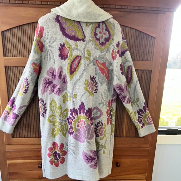 Sundance Grey and Purple Flowered Long Wool & Alpaca Sweater Coat, M - Picture 4 of 7